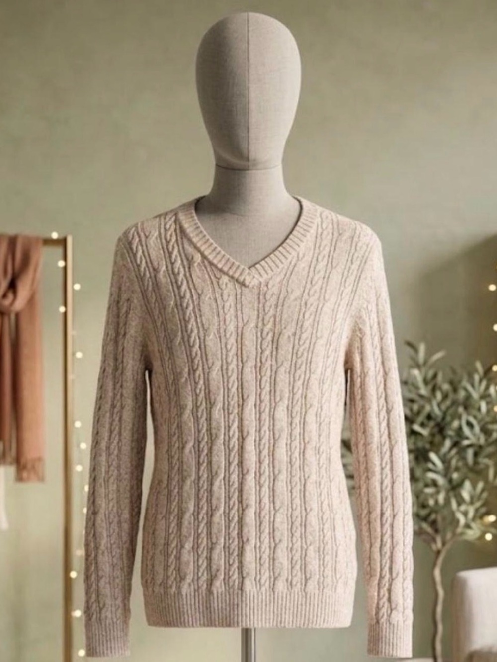 Croft & Barrow Womens V-Neck Cable Knit Sweater in Light Beige